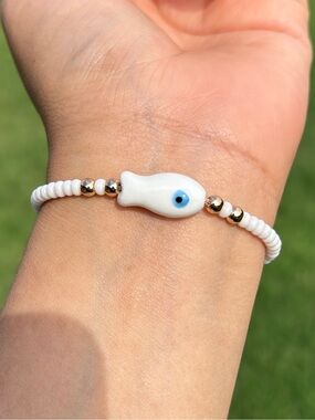 White Beaded Bracelet with Gold Accents